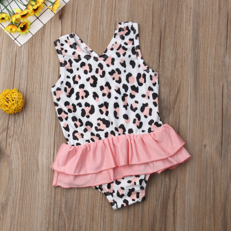 Costume de baie copii - Costum de baie leopard roz cu volan Drool