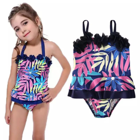 Costume de baie copii - Costum de baie mov cu frunze si floricele aplicate Drool