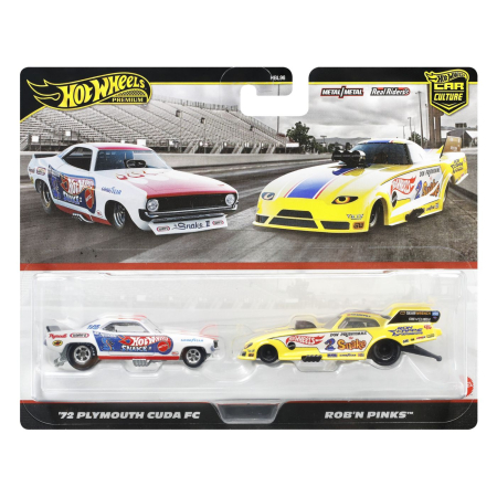 Masinute, Motociclete, Elicoptere, Avioane - HOT WHEELS PREMIUM SET 2 MASINUTE METALICE PLYMOUTH CUDA FC 72 SI ROBN PINKS SCARA 1 LA 64