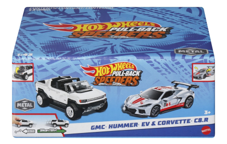 Masinute, Motociclete, Elicoptere, Avioane - HOT WHEELS SET 2 MASINUTE METALICE PULL BACK GMC HUMMER EV SI CORVETTE C8R 1:43