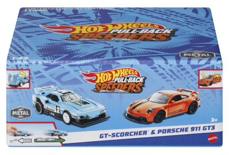 Masinute, Motociclete, Elicoptere, Avioane - HOT WHEELS SET 2 MASINUTE METALICE PULL BACK GT-SCORCHER SI PORSCHE 911 GT3 1:43