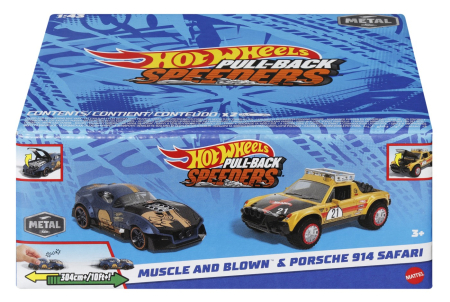 Masinute, Motociclete, Elicoptere, Avioane - HOT WHEELS SET 2 MASINUTE METALICE PULL BACK MUSCLE AND BLOWN SI PORSCHE 914 SAFARI 1:43