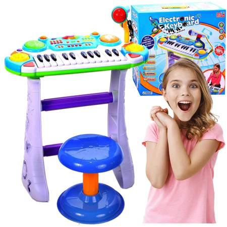 Jucarii muzicale - INSTRUMENT MUZICAL PIANINA ELECTRONICA MALPLAY CU SCAUN SI MICROFON 45 CM INALTIME ALBASTRU