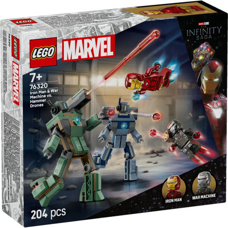 Seturi de construcție și cuburi - LEGO MARVEL IRON MAN SI WAR MACHINE VS DRONELE HAMMER 76320