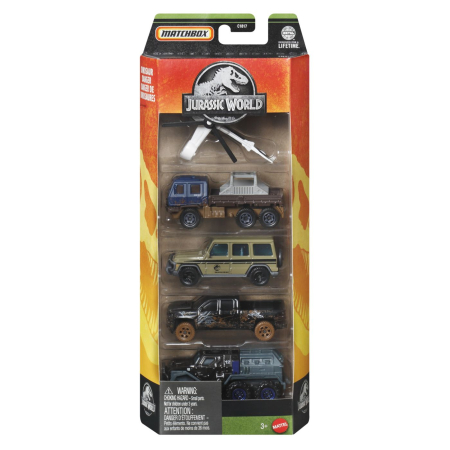 Masinute, Motociclete, Elicoptere, Avioane - MATCHBOX SET 5 MASINUTE METALICE JURASSIC WORLD SCARA 1 LA 64