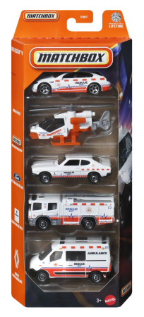 Masinute, Motociclete, Elicoptere, Avioane - MATCHBOX SET 5 MASINUTE METALICE RESCUE EMT SCARA 1 LA 64