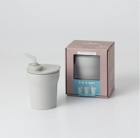 Accesorii hrănire bebeluși - Pahar cu capac si pai antrenament bebelusi Miniware 1-2-3 Sip!, 100% din materiale naturale biodegradabile, Grey