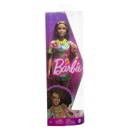 Papusi si accesorii - PAPUSA BARBIE FASHIONISTA SATENA CU ROCHIE CU IMPRIMEU GOOD VIBES