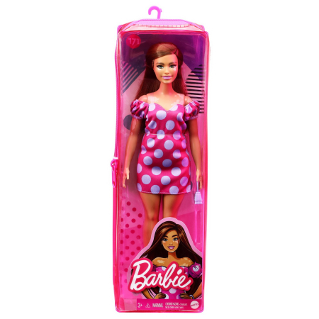 Papusi si accesorii - PAPUSA BARBIE FASHIONISTA SATENA CU ROCHIE ROZ CU BULINE