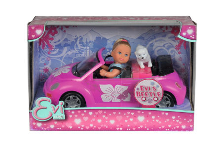 Papusi si accesorii - PAPUSA EVI CU MASINA BEETLE SI CATEL