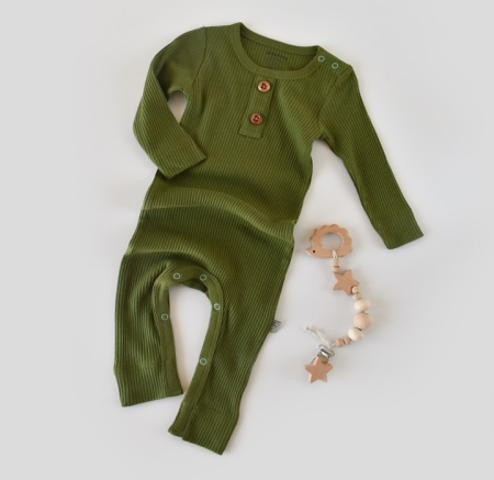 Body-uri și salopete bebeluși - Salopeta cu maneca lunga si pantaloni lungi din bumbac organic si modal - Verde BabyCosy
