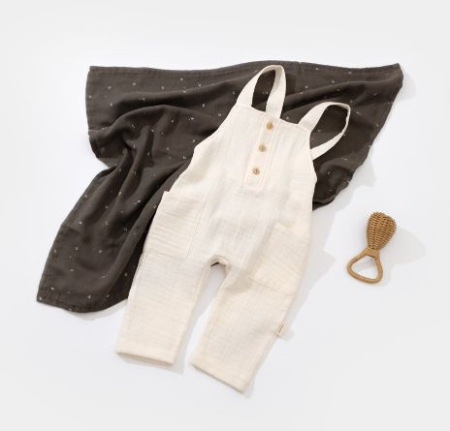 Body-uri și salopete bebeluși - Salopeta de vara cu buzunare din muselina, BabyCosy, 100% bumbac organic, ecru