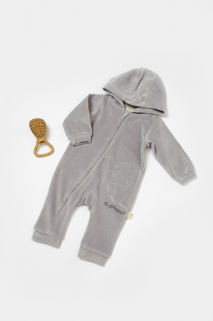 Body-uri și salopete bebeluși - Salopeta Elefant cu maneca lunga si gluga din 80%bumbac organic si 20% poliester - Gri, BabyCosy