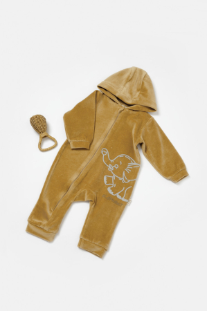 Body-uri și salopete bebeluși - Salopeta Elefant cu maneca lunga si gluga din 80%bumbac organic si 20% poliester - Mustar, BabyCosy