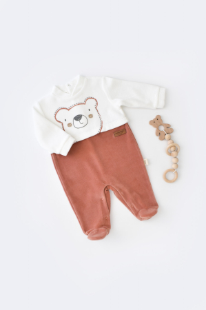 Body-uri și salopete bebeluși - Salopeta Ursulet cu maneca lunga si botosei din 80%bumbac organic si 20% poliester - Caramiziu, BabyCosy