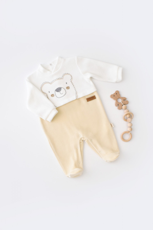 Body-uri și salopete bebeluși - Salopeta Ursulet cu maneca lunga si botosei din 80%bumbac organic si 20% poliester - Crem, BabyCosy