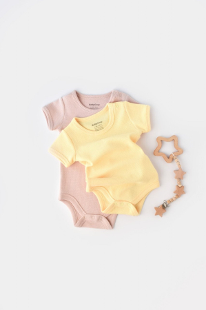 Body-uri și salopete bebeluși - Set 2 body-uri bebe unisex -100% bumbac organic - Galben/Roz, BabyCosy