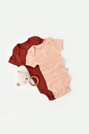 Body-uri și salopete bebeluși - Set 2 body-uri bebe unisex din bumbac organic si modal - Caramiziu/Somon, BabyCosy