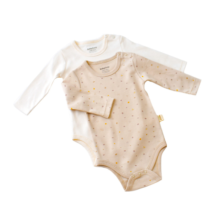 Haine copii - Set 2 body-uri cu maneca lunga bebe unisex -100% bumbac organic - Crem cu buline, BabyCosy