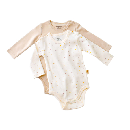 Haine copii - Set 2 body-uri cu maneca lunga bebe unisex -100% bumbac organic - Ecru cu buline, BabyCosy