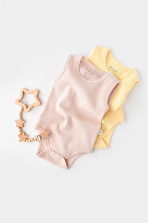 Body-uri și salopete bebeluși - Set 2 body-uri fara maneci bebe unisex -100% bumbac organic - Galben/Roz, BabyCosy