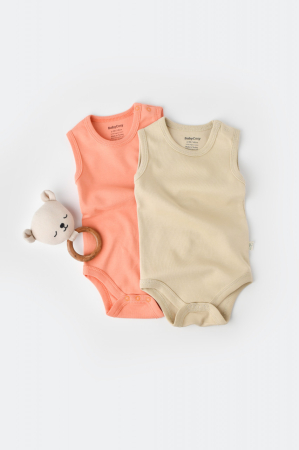 Body-uri și salopete bebeluși - Set 2 body-uri fara maneci bebe unisex -100% bumbac organic - Roz/Crem, BabyCosy