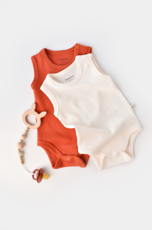 Body-uri și salopete bebeluși - Set 2 body-uri fara maneci bebe unisex -100% bumbac organic -Scortisoara/Ecru, BabyCosy