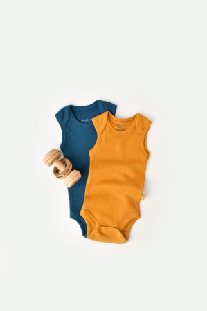 Body-uri și salopete bebeluși - Set 2 body-uri fara maneci bebe unisex din bumbac organic si modal - Bleumarin/Sofran, BabyCosy