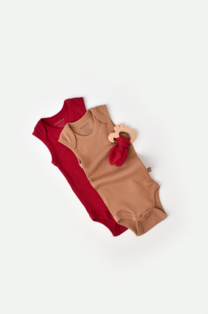 Body-uri și salopete bebeluși - Set 2 body-uri fara maneci bebe unisex din bumbac organic si modal - Maro/Rosu, BabyCosy