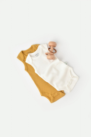 Body-uri și salopete bebeluși - Set 2 body-uri fara maneci bebe unisex din bumbac organic si modal - Mustar/Ecru, BabyCosy