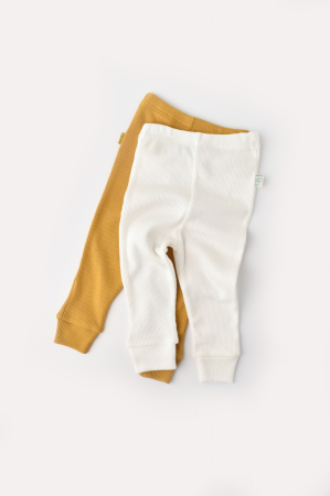 Seturi și compleuri copii - Set 2 pantaloni bebe unisex din bumbac organic si modal - Mustar/Ecru, BabyCosy