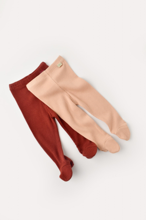 Seturi și compleuri copii - Set 2 pantaloni cu botosei bebe unisex din bumbac organic si modal - Caramiziu/Somon, BabyCosy