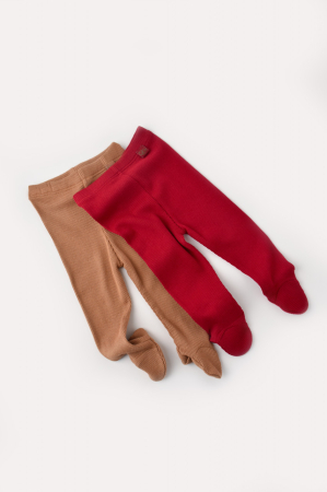 Seturi și compleuri copii - Set 2 pantaloni cu botosei bebe unisex din bumbac organic si modal - Maro/Rosu, BabyCosy