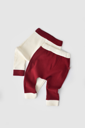 Seturi și compleuri copii - Set 2 pantaloni Ribana Bebe Unisex din bumbac organic si 5%elastan - Ecru/Bordo, BabyCosy