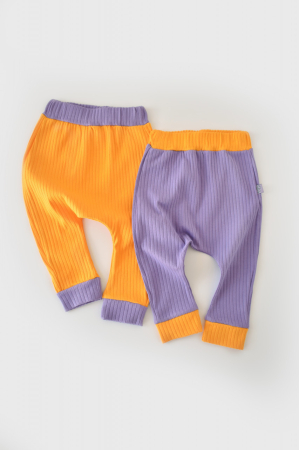 Seturi și compleuri copii - Set 2 pantaloni Ribana Bebe Unisex din bumbac organic si 5%elastan - Galben/Mov BabyCosy