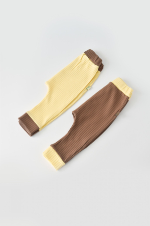 Seturi și compleuri copii - Set 2 pantaloni Ribana Bebe Unisex din bumbac organic si 5%elastan - Vanilie/Maro BabyCosy