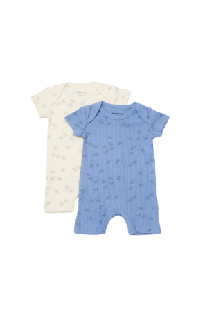 Body-uri și salopete bebeluși - Set 2 salopete scurte Printed, BabyCosy, 50% modal+50% bumbac, Ecru/Lavanda