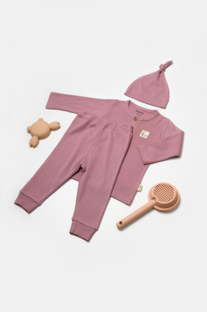 Haine copii - Set 3 piese:bluza, pantaloni si caciulita Bamboo, roz inchis, BabyCosy, 50% bumbac+50%bambus