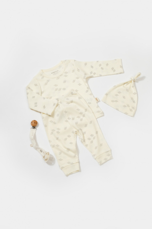 Haine copii - Set 3 piese:bluza, pantaloni si caciulita Printed, BabyCosy, 50% modal+50% bumbac, Ecru