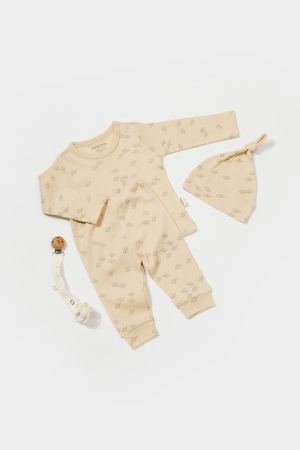 Seturi și compleuri copii - Set 3 piese:bluza, pantaloni si caciulita Printed, BabyCosy, 50% modal+50% bumbac, Stone