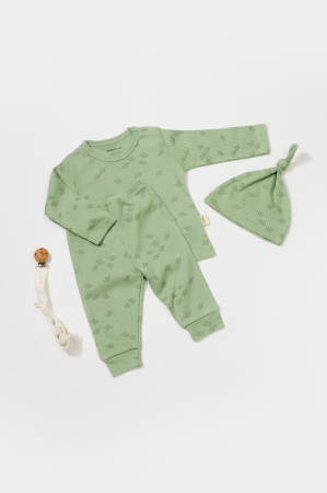 Haine copii - Set 3 piese:bluza, pantaloni si caciulita Printed, BabyCosy, 50% modal+50% bumbac, Verde