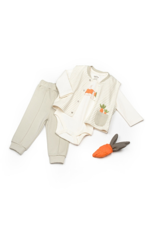 Haine copii - Set 3 piese: body, pantalon si vesta Rabbit, 100% bumbac organic, BabyCosy