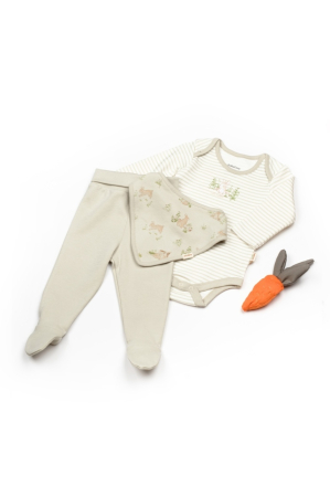 Haine copii - Set 3 piese:body, pantaloni si baveta Rabbit, BabyCosy, 100% bumbac