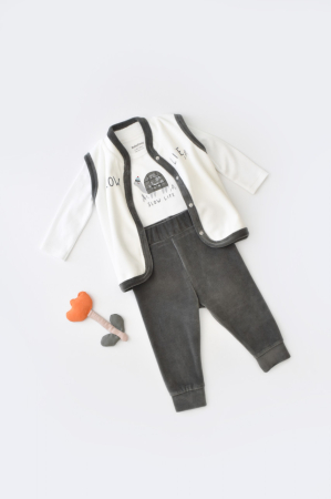 Body-uri și salopete bebeluși - Set 3 piese Broscuta cu body, pantalonasi si vestuta din 80%bumbac organic si 20% poliester - Antracit, BabyCosy