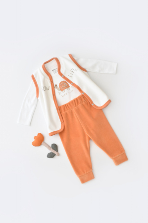 Body-uri și salopete bebeluși - Set 3 piese Broscuta cu body, pantalonasi si vestuta din 80%bumbac organic si 20% poliester - Portocaliu, BabyCosy