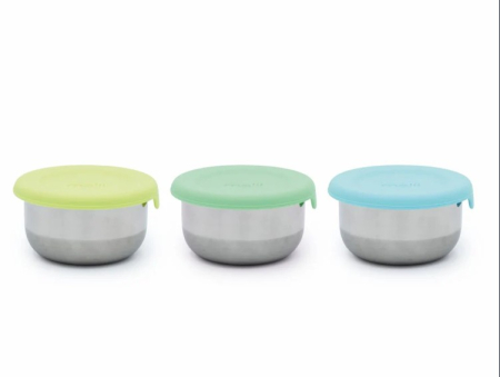 Accesorii hrănire bebeluși - SET 3 RECIPIENTE MINI INOX CU CAPAC SILICON, MELII, BLEU MINT LIME