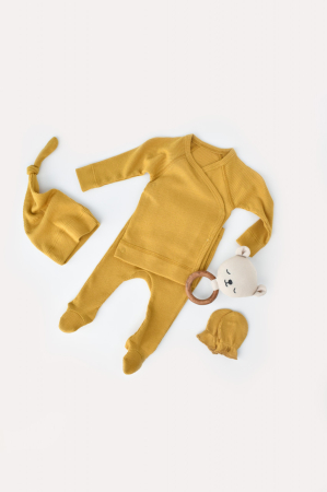 Seturi și compleuri copii - Set 4 piese: bluza, pantaloni, caciulita si manusi din bumbac organic si modal - Mustar, BabyCosy