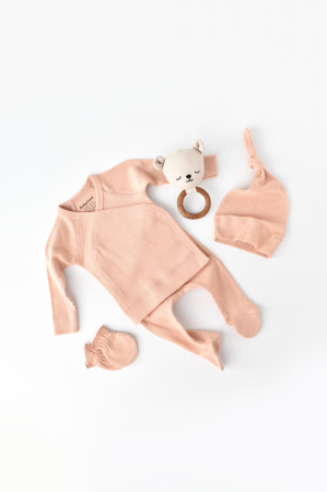 Seturi și compleuri copii - Set 4 piese: bluza, pantaloni, caciulita si manusi din bumbac organic si modal - Piersica, BabyCosy