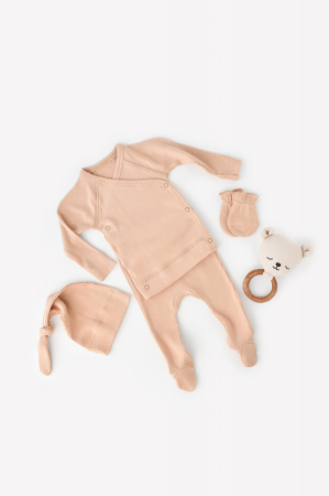 Seturi și compleuri copii - Set 4 piese: bluza, pantaloni, caciulita si manusi din bumbac organic si modal - Somon, BabyCosy