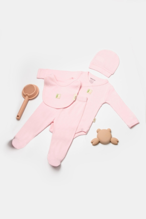 Haine copii - Set 4 piese:body, pantaloni, baveta si caciulita Bamboo, roz, BabyCosy, 50% bumbac+50%bambus